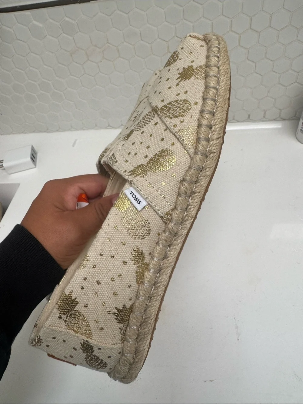 TOMS Cream Espadrille Slip-Ons with Metallic Gold Pineapple Motif